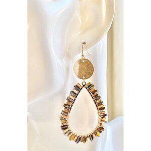 New Faceted Beaded Gold Tone Boho Teardrop Shape Dangle Statement Earrings - 3"